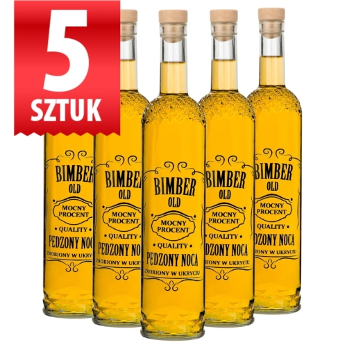 Zestaw 5 sztuk Butelka szklanka na korek Nargiz 500 ml  z nadrukiem Bimber Pędzony Nocą 