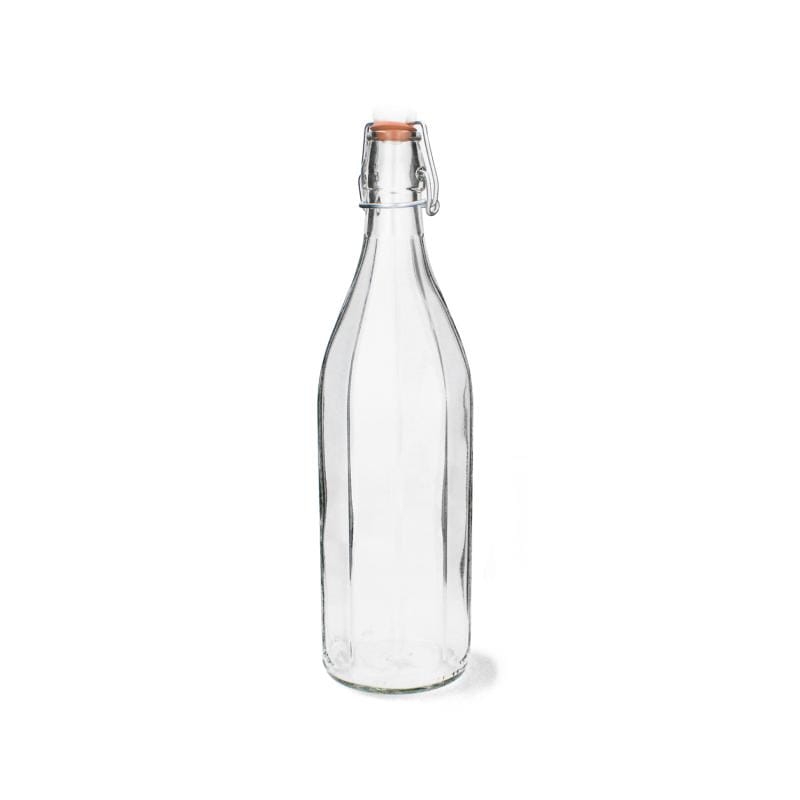 Przezroczysta szklana butelka Costolata 500 ml z metalowym pałąkiem i białym korkiem do kombuchy i nalewek