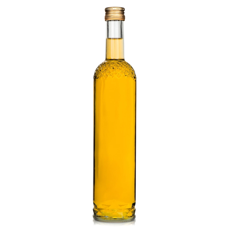 Przezroczysta szklana butelka Nargiz 500 ml z tłoczonym zdobieniem i nakrętką fi 28 do nalewek