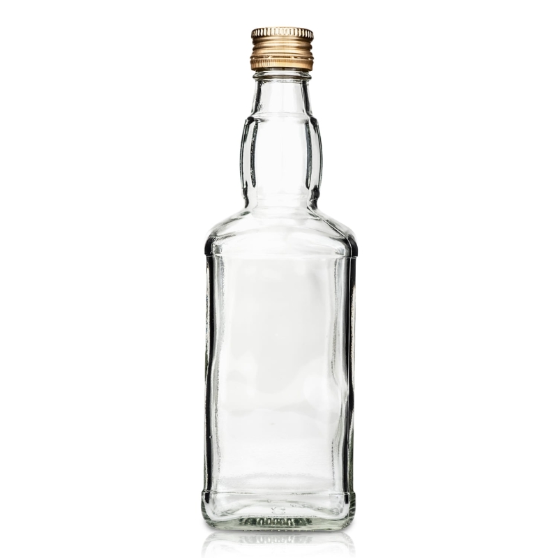 Szklana butelka Jack 500 ml o kwadratowym przekroju z gwintem fi 28 mm, pusta, na białym tle, front