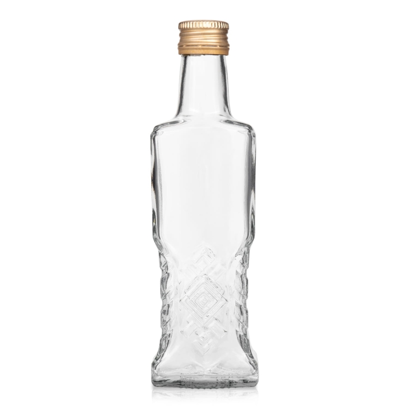 Pusta szklana butelka Warszawa 200 ml z gwintem fi 28 mm, grube bezbarwne szkło z reliefem rombów przy dnie