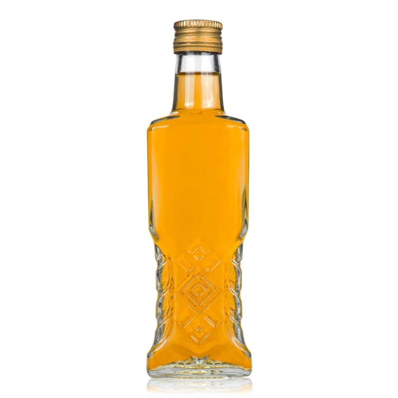 Szklana butelka ozdobna Warszawa 200 ml wypełniona bursztynową nalewką, gładka ścianka pod etykietę
