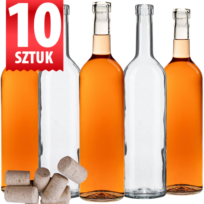 Zestaw 10 szklanych flaszek Bordeaux 750 ml wypełnionych bursztynową nalewką, razem 7,5 litra