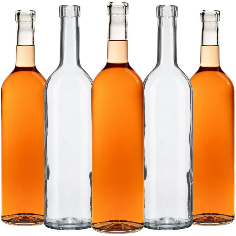 Zestaw 10 szklanych flaszek Bordeaux 750 ml wypełnionych bursztynową nalewką, razem 7,5 litra