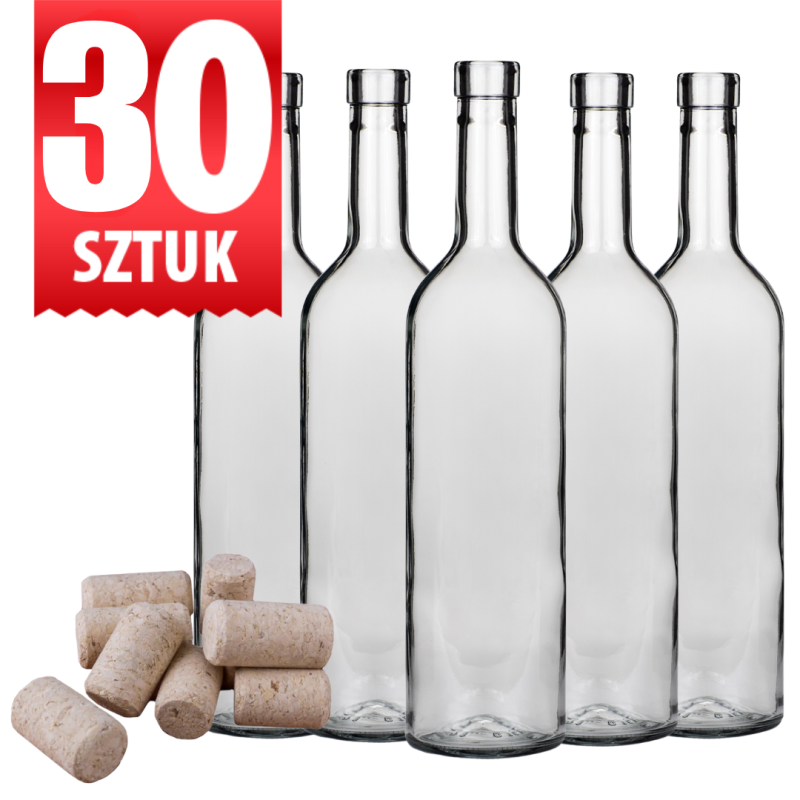 30 pustych butelek szklanych Bordeaux 750 ml z szyjką fi 19 mm, opakowanie zbiorcze na wino domowe