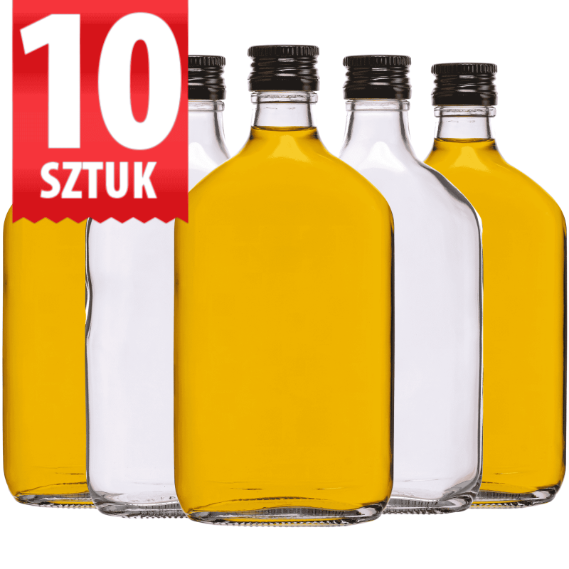 Zestaw 10 sztuk szklanych butelek piersiówka Rubin 350 ml z czarną nakrętką na whisky