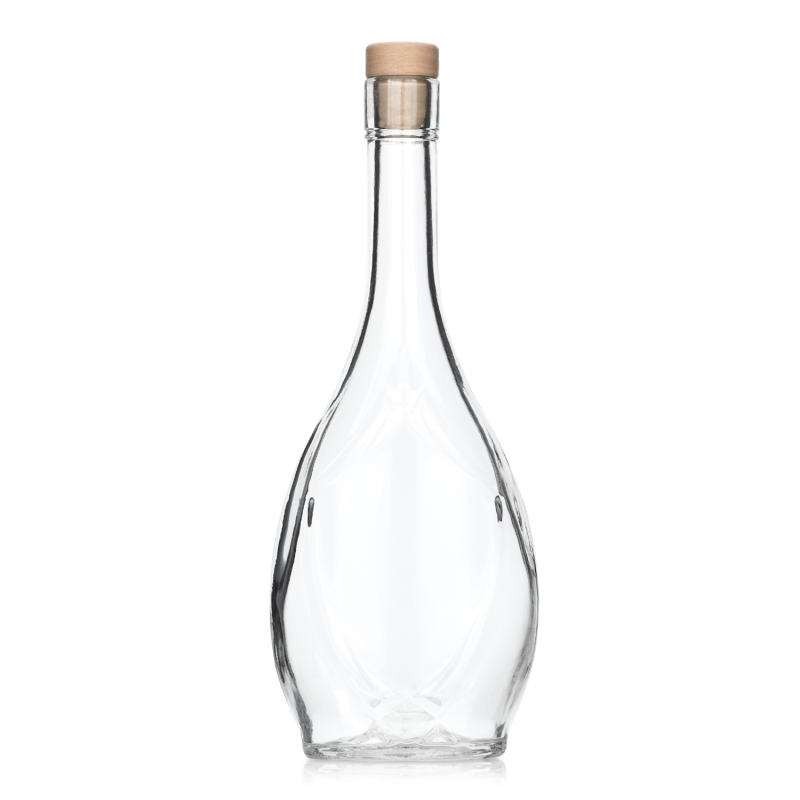 Butelka Icona 500 ml ze szkła, pusta i przezroczysta, bez korka, spłaszczony korpus z wytłoczeniami, wysokość 26,8 cm