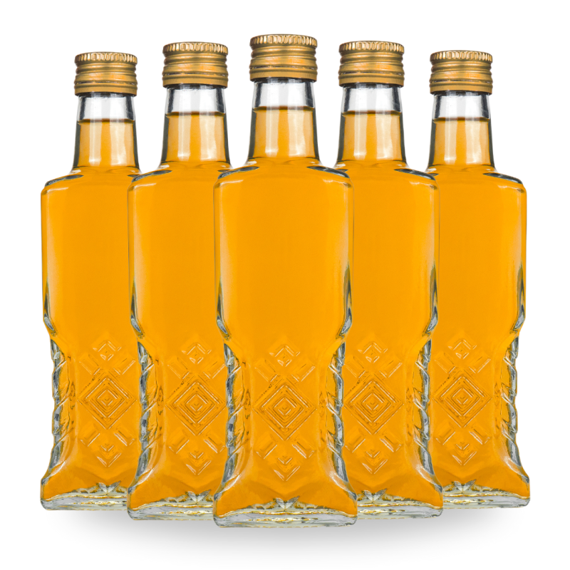 Rząd butelek szklanych Warszawa 200 ml z jasną jesienną nalewką, komplet 10 szt. z gwintem 28/18 do zakrętek
