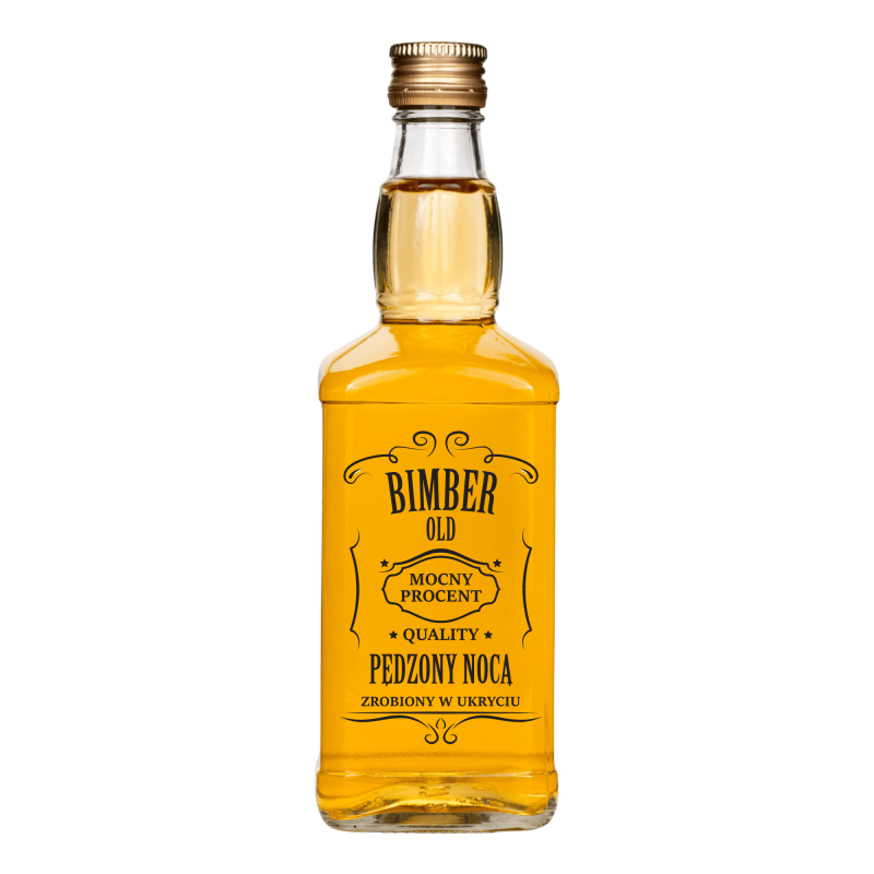 Butelka szklana Jack 500 ml wypełniona złotym trunkiem, z czarnym nadrukiem Bimber Pędzony Nocą, ujęcie frontowe