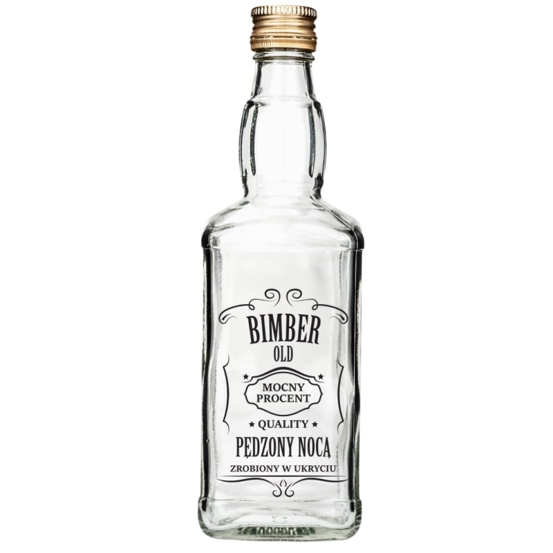 Pusta kwadratowa butelka szklana Jack 0,5 l z przezroczystego szkła z grafiką Bimber Pędzony Nocą i gwintem fi 28