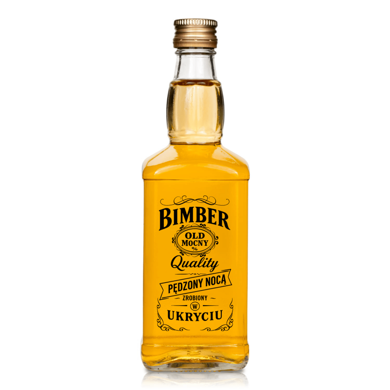 Butelka szklana Jack 0,5 l z miodowozłotym trunkiem i nadrukiem Bimber Quality zamiast naklejki, ujęcie na białym tle