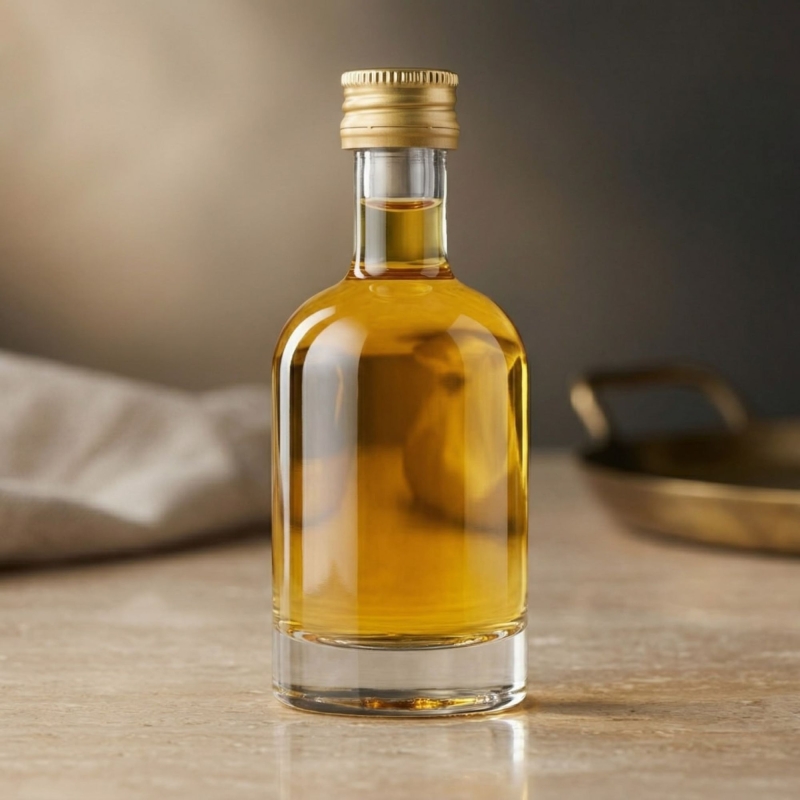 Szklana butelka Tadek 50 ml z żółtą nalewką i złotą zakrętką na drewnianym stole w ciepłym świetle