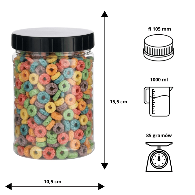 Infografika słoika PET EasyPack 1 l z wymiarami: wysokość 15,5 cm, szerokość 10,5 cm, otwór 9,5 cm