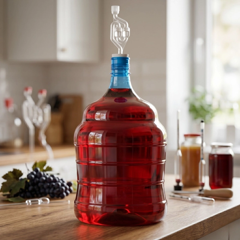 Balon PET 15 litrów z nastawem domowego wina czerwonego podczas fermentacji z rurką airlock