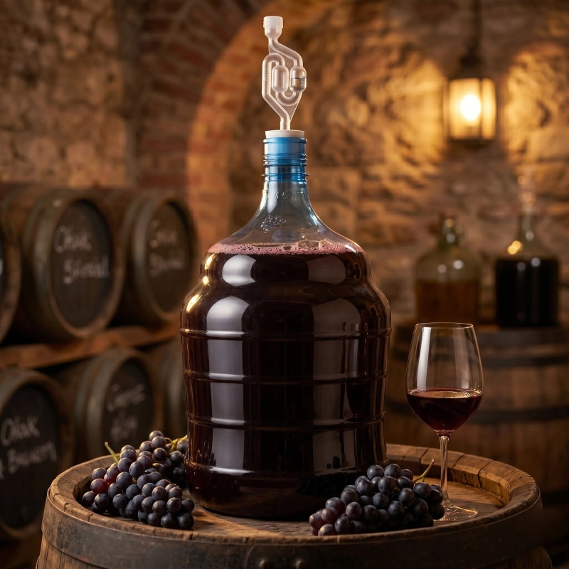 Lekki gąsior PET 15 litrów z ciemnym winem domowym ustawiony w piwnicy z rurką fermentacyjną