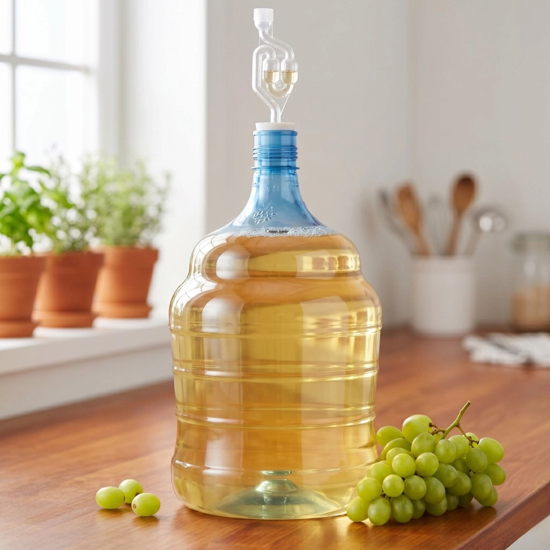 Bańka fermentacyjna PET 15 l z nastawem wina lub cydru w domowej spiżarni z korkiem gumowym