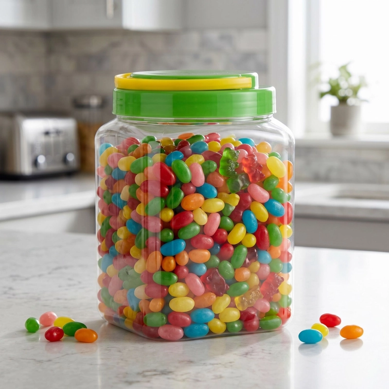 Słój plastikowy kuferek 2,5 l z mąką i ryżem na kuchennym blacie — poręczny pojemnik z rączką
