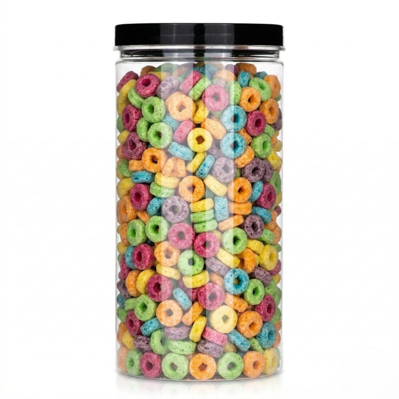Słoik plastikowy PET 1,5 l z makaronem i kolorowymi produktami spożywczymi, bez BPA