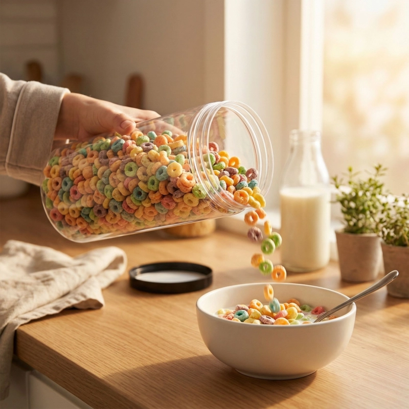 Plastikowy pojemnik PET 1,5 l na blacie kuchennym — lekki, nietłukący, bez BPA