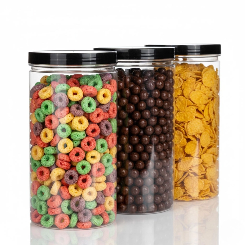 Słoiki PET 1500 ml z czarną zakrętką wypełnione kawą i nasionami na kuchennej półce