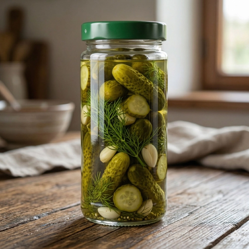 Wysoki słoik szklany 400 ml zakrętka fi 63 czterozaczepowa pełen ogórków kiszonych