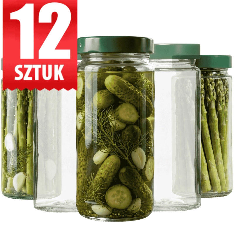 Zestaw 12 szklanych słoików tuba 400 ml z zakrętką fi 63 mm do kiszenia ogórków