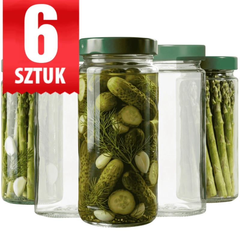 Zestaw 6 szklanych słoików tuba 400 ml z zakrętką fi 63 mm do kiszenia ogórków