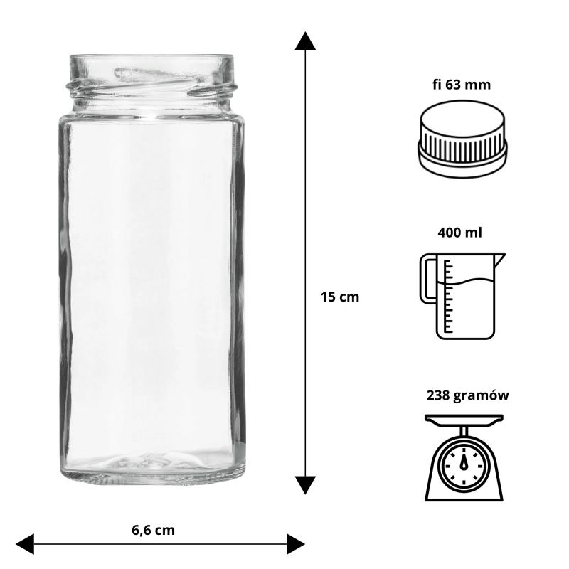 Schemat wymiarów słoika szklanego tuba 400 ml fi 63 mm oznaczenia techniczne
