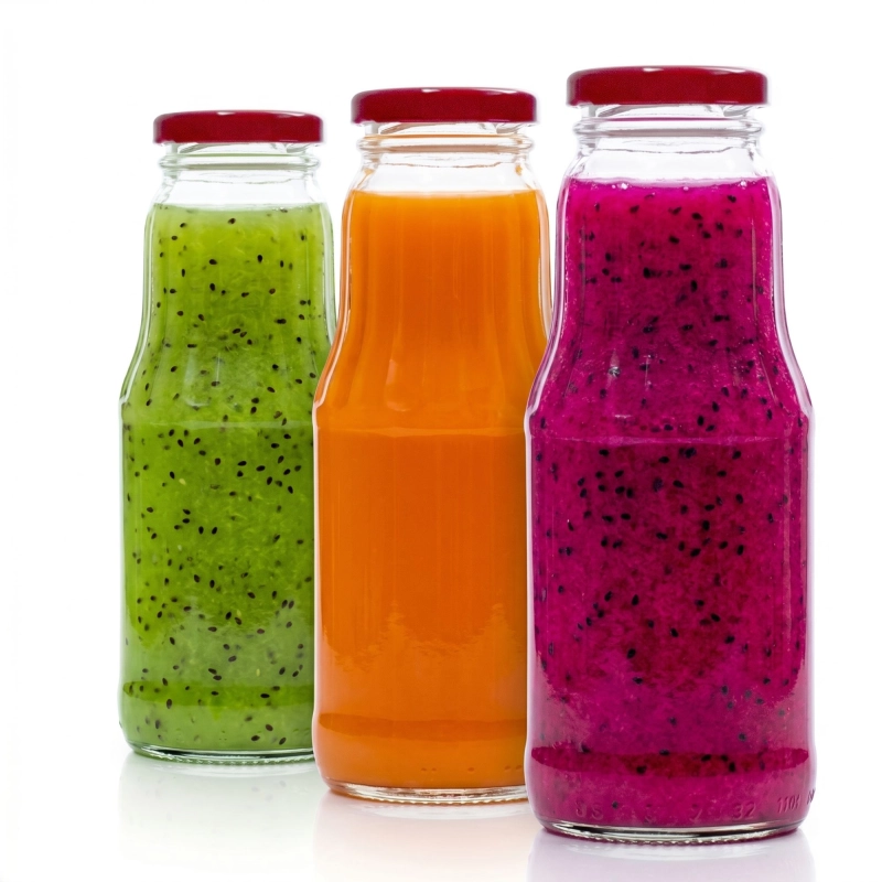 20 szklanych butelek Fruit 300 ml z nakrętką fi 43 do letnich soków owocowych i smoothie