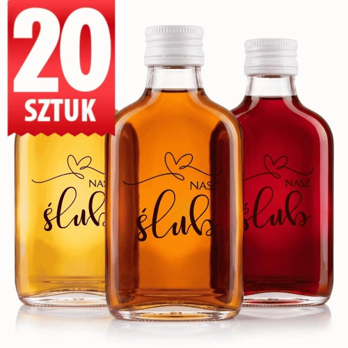 Butelka piersiówka ŚLUB szklana Perła 100 ml Nadruk weselny 20 sztuk 