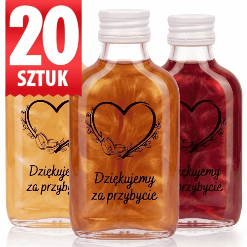 Butelka piersiówka SERCE szklana Perła 100 ml Nadruk weselny 20 sztuk 