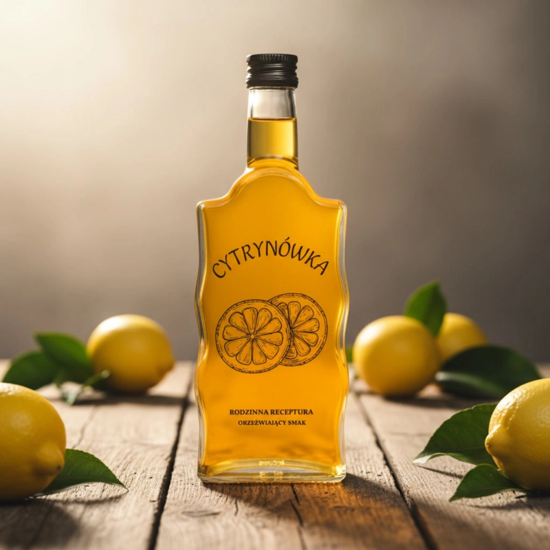 Przezroczysta szklana butelka Warta 500 ml falowana z czarną nakrętką fi 28 do cytrynówki