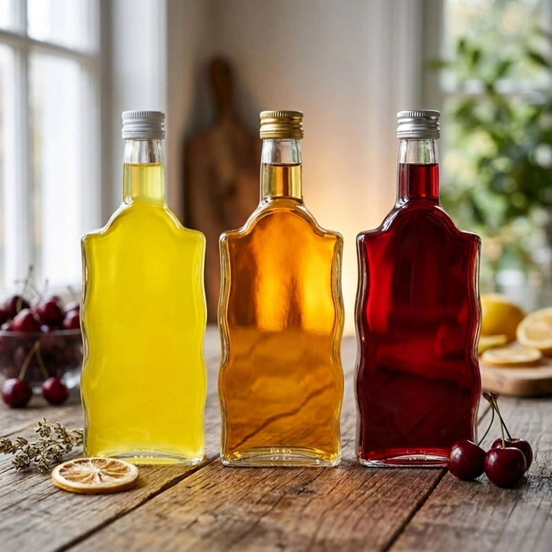 Szklane butelki Warta Fala 500 ml z zakrętką fi 28 na tacy — zestaw 5 sztuk do nalewek