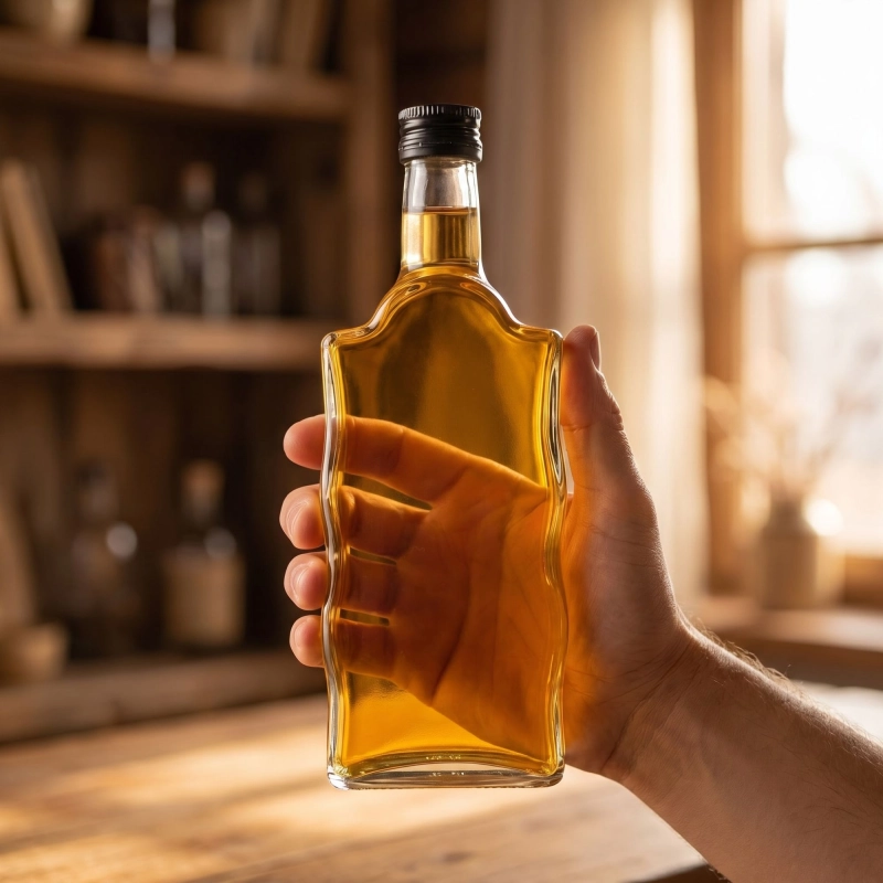 Szklane butelki Warta Fala 500 ml z zakrętką fi 28 na drewnianej tacy — do nalewek domowych