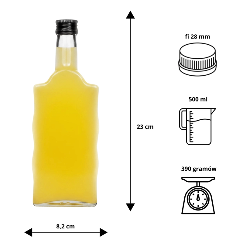 Rysunek techniczny butelki szklanej Warta Fala 500 ml z gwintem fi 28 mm — wymiary i schemat