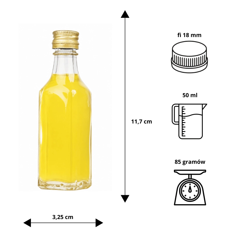 Szklana buteleczka kwadratowa 50 ml z nakrętką do nalewek bimbru soków i przypraw
