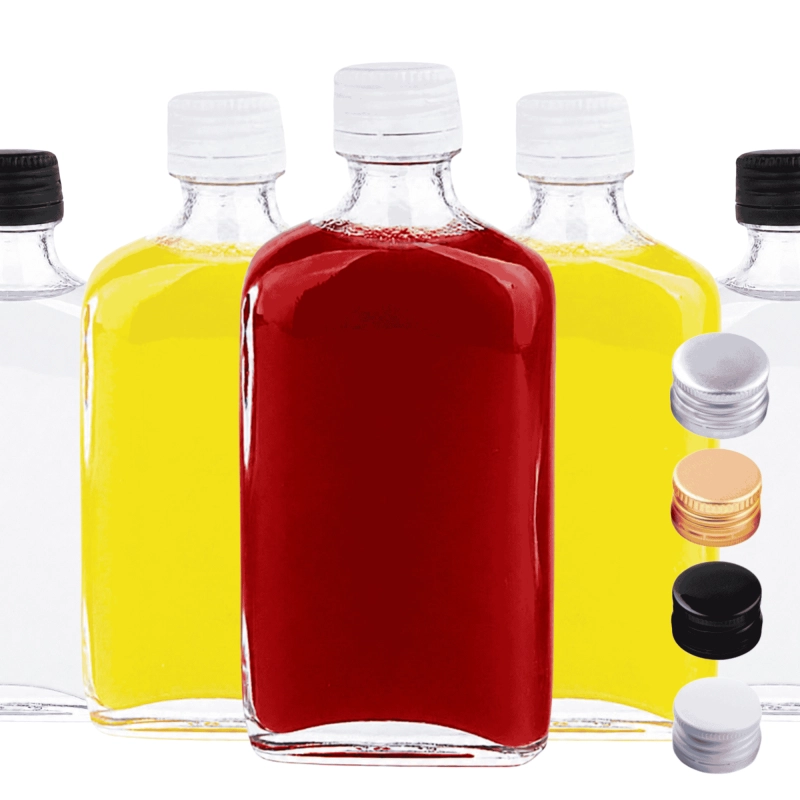 Płaskie butelki szklane Laura 50 ml zestaw 5 sztuk z zakrętką na alkohole i przetwory