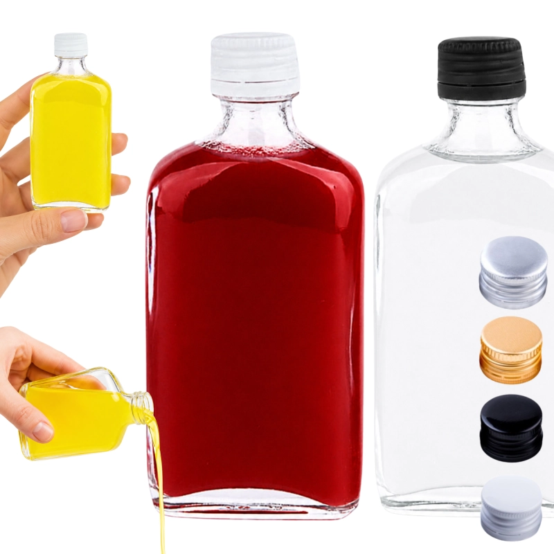 Dwadzieścia płaskich szklanych butelek piersiówek Laura 50 ml z białymi zakrętkami fi 18