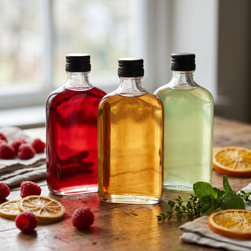 Płaskie butelki szklane Laura 50 ml pakiet 20 sztuk z zakrętką na alkohole i przetwory