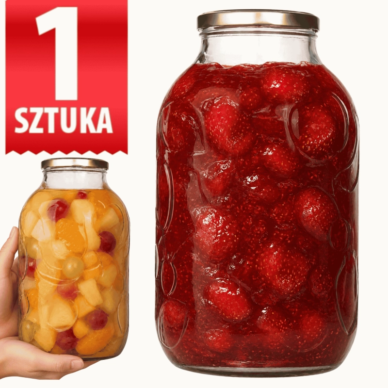 Szklany słoik 5 l z wytłoczeniami owoców nakrętka fi 100 do przetworów i nalewek