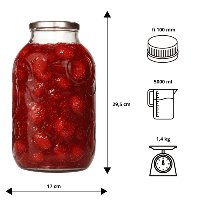 Komplet 6 pojemników szklanych 5 litrów ornament owocowy nakrętka fi 100 do fermentacji