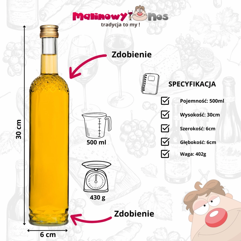 Szklana butelka 500 ml Nargiz z złotą nakrętką gwint fi 28 do alkoholi domowej roboty