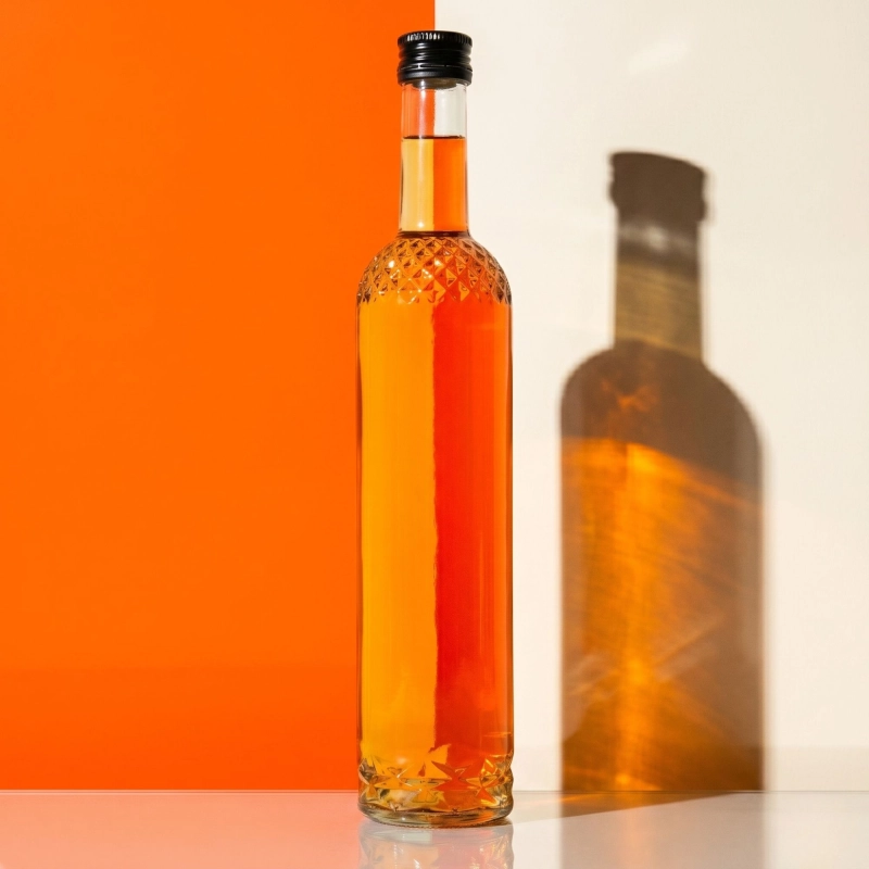 Przezroczyste szklane butelki Nargiz 500 ml z tłoczonym wzorem i złotą nakrętką do nalewek i syropów