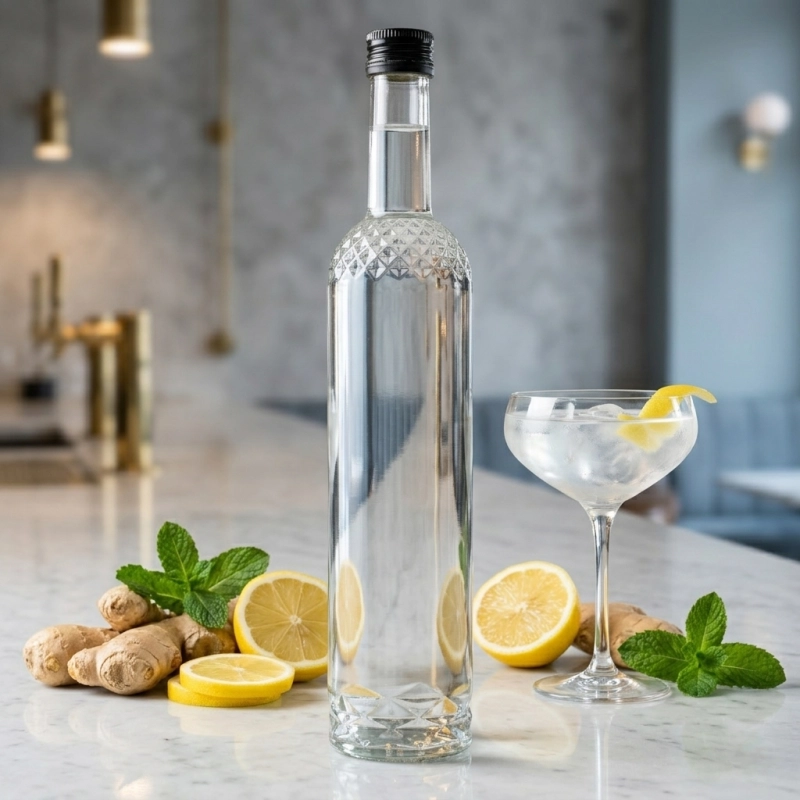 Szklana butelka zdobiona Nargiz 500 ml zakrętka fi 28 do nalewek soków wina i oliwy