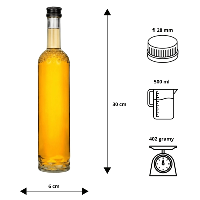 Szklana butelka zdobiona Nargiz 500 ml zakrętka fi 28 do nalewek soków wina i oliwy