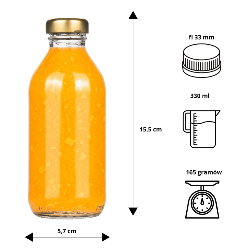 Przezroczysta szklana butelka Kuba 330 ml z szeroką złotą nakrętką fi 33 do soków i syropów