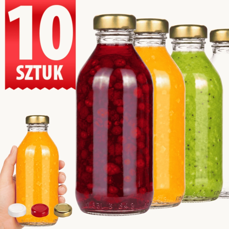 Zestaw 10 szklanych butelek Kuba 330 ml z zakrętką fi 33 do soków i syropów