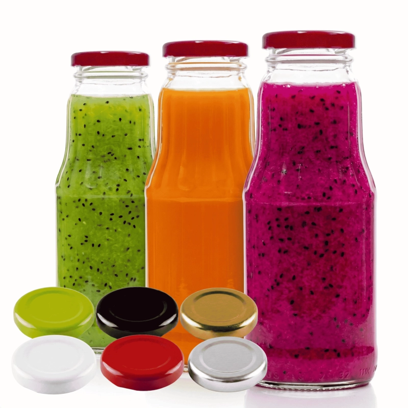 Komplet 10 przezroczystych szklanych butelek Fruit 300 ml z nakrętkami twist-off fi 43 do soków i smoothie