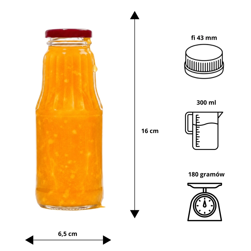 Opakowanie zbiorcze 20 butelek szklanych Fruit 300 ml z nakrętką do soków syropów i koktajli