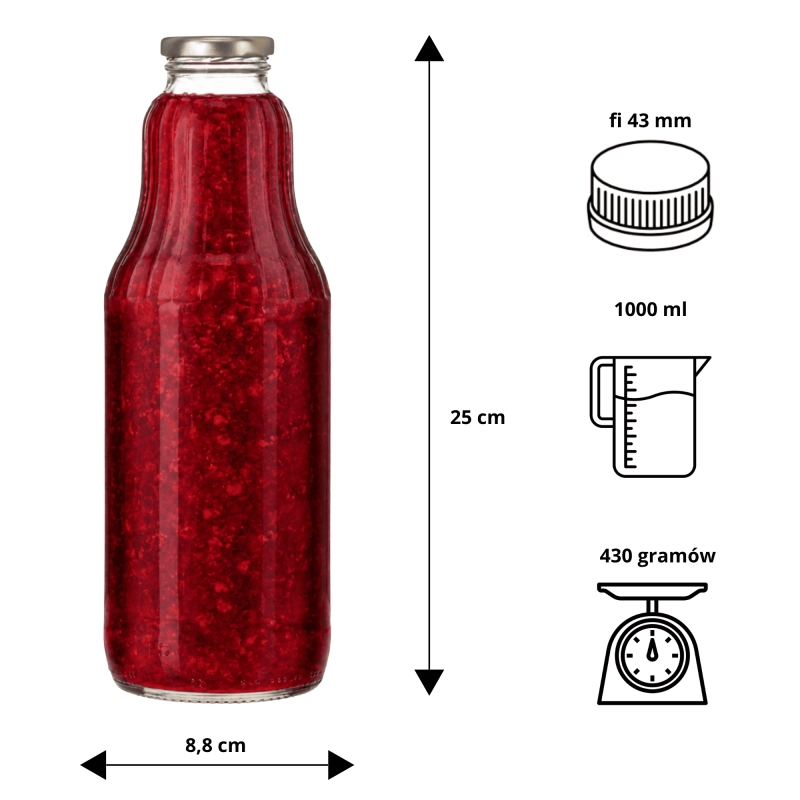 Szklana butelka Fruit 1 litr z nakrętką fi 43 do domowych syropów i przetworów